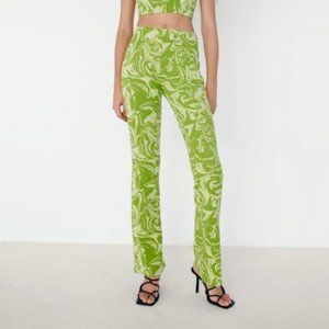 ZARA Pants Woman Flare Knit Print Jacquard Ecru -Green Size Small